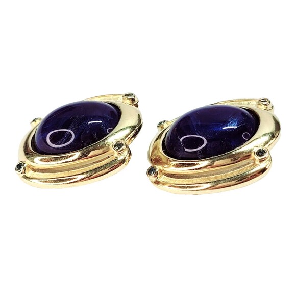 Trifari Blue Swirl Cabochon Clip On Earrings Gold tone trifarium 70s 80s Saltz? - Picture 3 of 9